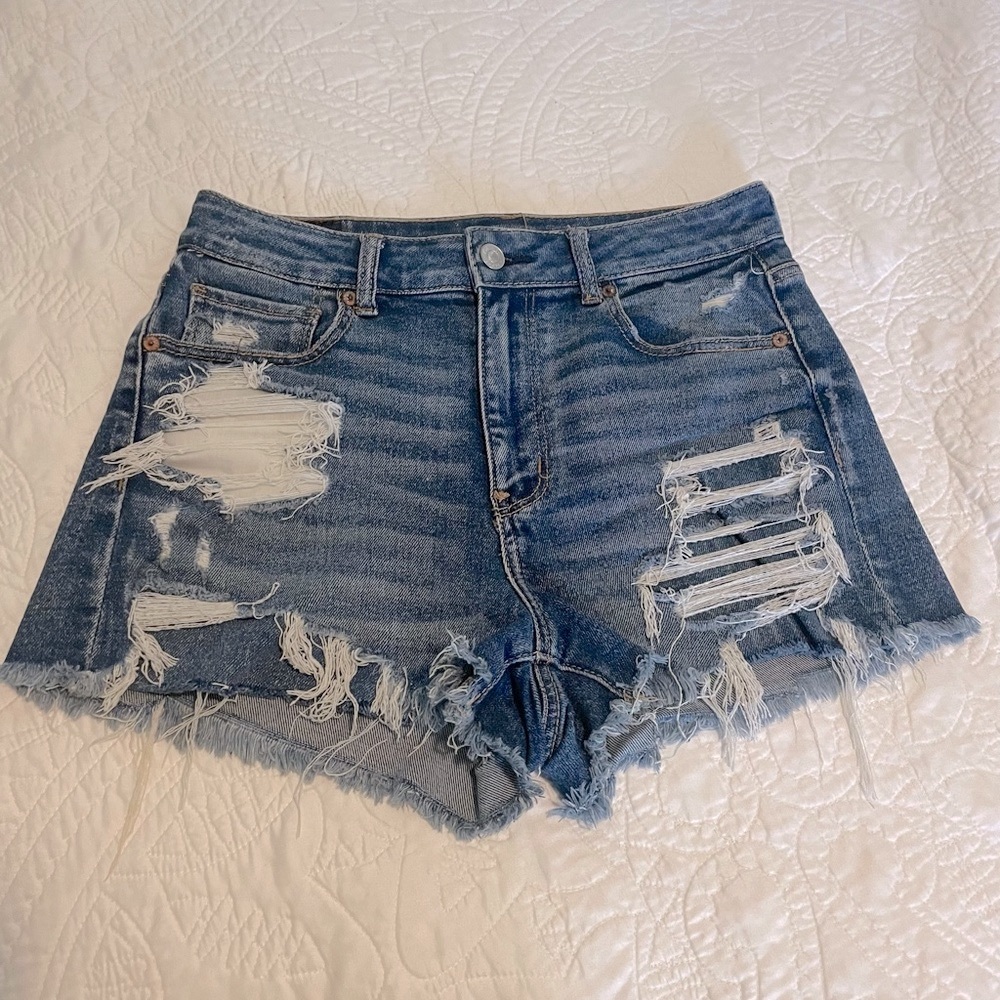 Distressed high waisted denim shorts